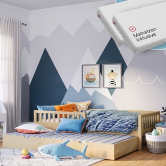 Bellabino 'Vils' Kinderbett 90x200 cm mit Gästebett 90x190 cm und 2 Matratzen, natur, Kiefer Massivholz, Montessori Bett mit Ausziehbett, mit abnehmbarem Rausfallschutz und Lattenrost