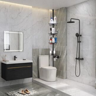 JEOBEST Duschablage Teleskop Duschregal Eckregal, Edelstahl rostfrei mit 4 Ablagen, Höhenverstellbar von 105-300 cm