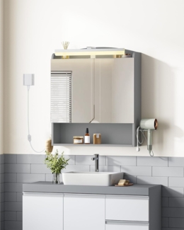 Spiegelschrank Bad mit Beleuchtung, Badezimmerschrank mit Spiegel, Wandschrank, Haartrockner-Halter und Haken, mit Stecker, Verstellbarer Etagen, Grau, 16,5 x 60 x 68,5 cm