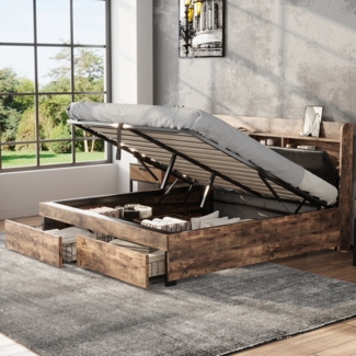 Merax Holzbett Hydraulisches Metallbett 140x200cm mit Stauraumkopfteil 2 Schubladen, Holzfarbe+Schwarz