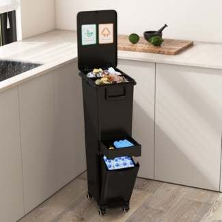 COSTWAY Mülleimer Küche, mit Deckel & Rollen, 2 Fächer, 32L Abfalleimer, Tretmülleimer