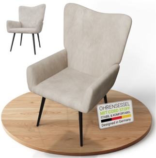 Juskys Ohrensessel Odense ohne Hocker, TV- & Lesesessel in Cord, hohe Lehne, Metallbeine, komfortabler Stoffbezug, pflegeleicht – Beige
