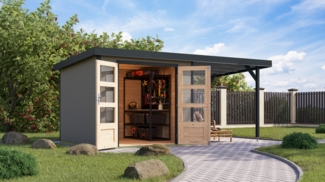 Hybrid-Gartenhaus Jupiter 3,5D - 238x242 cm plus 2,35 m Anbaudach, 19mm wassergrau/anthrazit