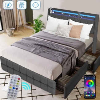 oyajia Polsterbett LED Polsterbett 140x200cm, Doppelbett mit Ladefunktion & 2 Stauraum, Moderne Polsterbett mit RGB-LED, Lattenrost und praktischen Schubladen