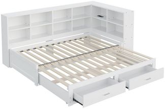 MODFU Schlafsofa mit Ausziehbett & USB-Steckdose, 90/180x190 cm, Massivholz-Kinderbett Funktionsbett, ohne Matratze