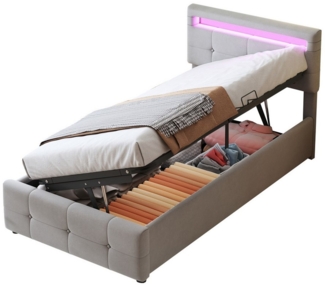 OKWISH Bett Kinderbett Jugendbett Gästebett Polsterbett (Höhenverstellbar mit LED-Beleuchtung und Hydraulischem Stauraum, Hochboxbett in Grau aus Samtstoff), Ohne Matratze