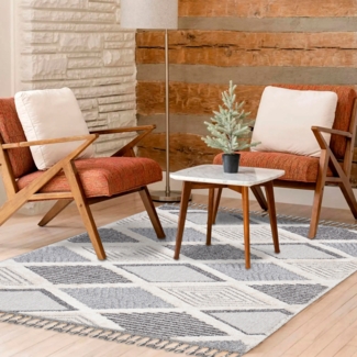 Teppich Wohnzimmer - Raute Muster - 200x290cm Creme Grau Blau - Fransen Deko Boho Flauschig - Cut & Loop Sisal - Schlafzimmer Flur Dekoration Läufer - Orientalischer Stil