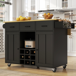 Küchenwagen 104x39,5x91,5 cm mit klappbarer Tischplatte 65 cm, Schwarz Servierwagen mit 3 Schubladen, 2 Türen, Weinrutsche, offenen Fächern
