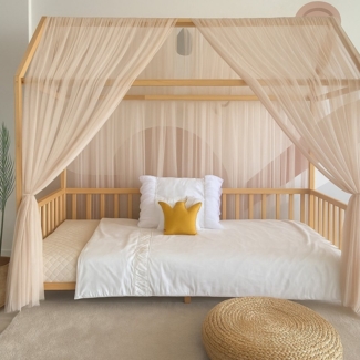 Baby Fancyroom Betthimmel Betthimmel Tüll Hausbett Kinderbett 2 Stück 340cm 380cm Montessori (3-tlg. Set mit 2x Betthimmel und einer 20er Pomponkette, Baldachin, Kinder Betthimmel Baldachin Himmel Deko Set), Betthimmel für Hausbett Montessori