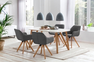 Essgruppe 5-tlg. Tisch 180x90 aus MDF Weiß + 4 Stühle aus Eichenholz Textil Grau