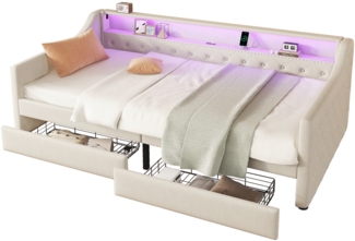 Bett 90x200 cm, Daybett aus Leinen & MDF mit LED-Ambiente, 2 Schubladen und USB-Anschluss,Beige