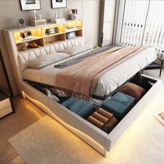 Merax Polsterbett Doppelbett 180×200 mit hydraulischem Stauraum APP-gesteuertes LED-Lichtband USB-Ladeanschluss Metall-Lattenrost, Leinenpolsterung, Beige