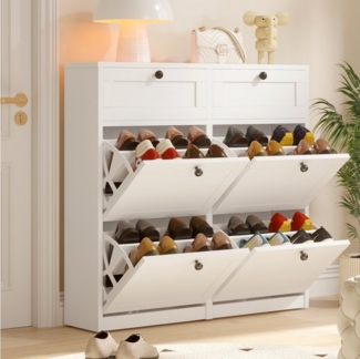 VOWNER Schuhschrank mit 4 Klappen, einstellbarer Schuhregal, schmaler Weiß