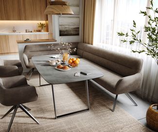 Esszimmerbank Taya-Flex 285x190 cm Mikrofaser Taupe Vintage Kreuzgestell kantig Graphit Taschenfederkern Rechts