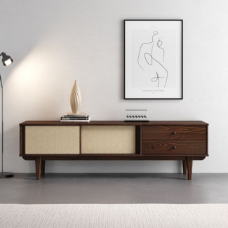 IDIMEX Lowboard SIMNOA, TV Board für 75" mit Rattan Geflecht aus Massivholz Mid Century Stil N
