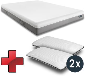 Viskoelastik-Matratze Sleezzz Premium 180 x 200 cm, Höhe 20 cm, Härtegrad H2/H3, mit Wendegriffen + 2 x Sleezzz® Smart höhenverstellbares Kissen