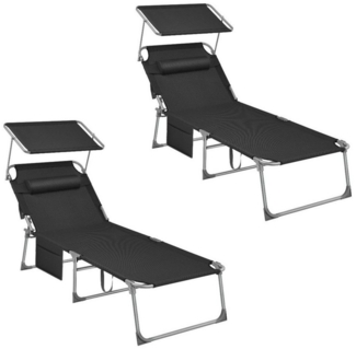 Songmics Gartenliege klappbar, mit Kopfstütze und verstellbarer Rückenlehne, 2x Sonnenliege, mit Seitentasche, Schwarz, 71 x 200 x 38 cm