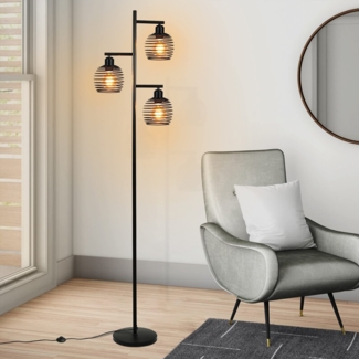 ZMH Stehlampe Wohnzimmer Stehleuchte Vintage - Retro Standlampe aus Metall e27 Fassung 3 flammige Max. 25W Schwarz industrial Standleuchte für Schlafzimmer Sessel Bett Höhe: 152CM inkl. Fußschalter