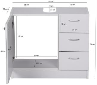 Wohnling Waschbecken-Unterschrank 54 x 63 x 30 cm weiß mit 1 Tür und 3 Schubladen