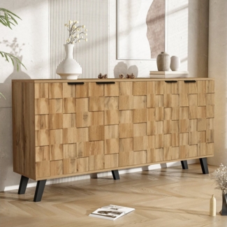 autolock Sideboard Einzigartige Holzmaserung Haushaltsschrank mit 4 Türen (160 x 35,5 x 78 cm Mit verstellbaren Trennwänden), Anrichte für Wohnzimmer Schlafzimmer Esszimmer