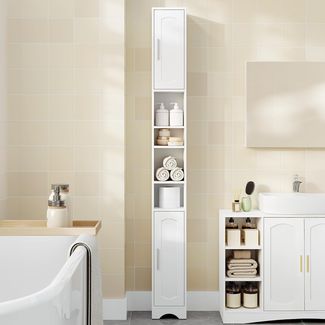Badezimmerschrank, Badschrank Schmal Hoch, Hochschrank Badezimmer, Badschrank mit Offenen Fach und Tür, Verstellbaren Ablagen, Platzsparender Badregal, Badmöbel, Modern, 20 × 20 × 180 cm Weiß