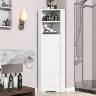 KLAM HOME Hochschrank Badschrank, Badmöbel, Eckschrank mit zwei Ablagefächern, weiß offenes Fach mit verstellbarem Einlegeboden, 36.5x 36.5 x 155 cm