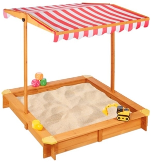 Relaxdays Sandkasten mit Dach, Tannenholz natur / rot, 117 x 117 x 117 cm