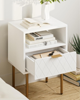 Moderner Nachttisch mit offener Ablage & Schublade, Weiß/Gold