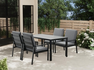 MeXo Gartenlounge-Set Lounge Gartenmöbelset Aluminium, (Garten Essgruppe für 4 Personen, 5-tlg, Terrassenmöbel Set mit 4 Sessel, Esstisch 140 x 80 x 70 cm), 85 cm Rückenlehne, hoher Sitzkomfort