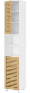 MSMASK Hochschrank Badezimmerschrank Standschrank mit 2 offenen Regalen und 2 Bambustüren 30 × 32 × 190 cm