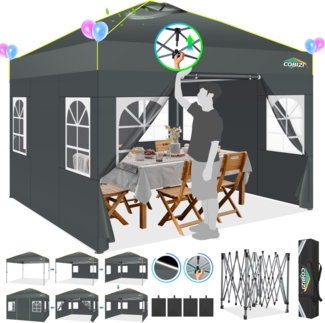 COBIZI Pavillon 3x3 m Wasserdicht Stabil Winterfest Faltpavillon Partyzelt Gartenpavillon Pop Up Pavillon Klappbar Zelt mit 4 Seitenwnden Belüftungsöffnungen, Sandsack für Markt, Freien Event,Grau