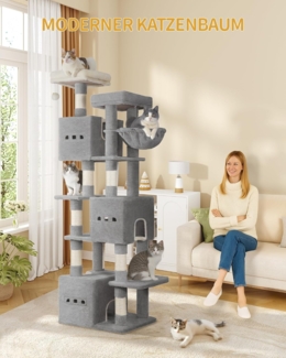 Kratzbaum gro?, 193 cm hoch, XXL Katzenbaum, mit 7 Kratzs?ulen, 3 H?hlen, 2 Plattformen, 2 Plschb?lle, Korb, Kletterseil, mehrst?ckiger Katzenkratzbaum, Hellgrau