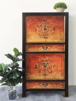 Chinesischer Vintage Schrank Gelb Orange Kommode Sideboard Kolonial-Stil Antik-Stil Lowboard asiatisch orientalisch Fernost shabby-chic Landhaus