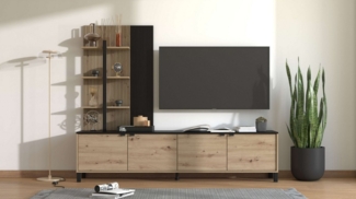 Vente-unique - TV-Wand mit 4 Türen & 3 Regalen - Holzfarben & Schwarz - NUJA