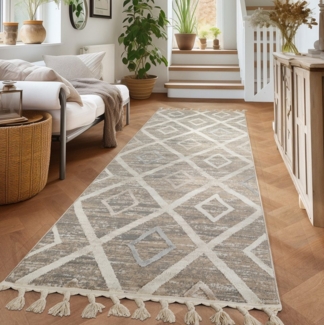 my home Läufer Otilie, rechteckig, Höhe: 11 mm, dichte Qualität, Woll-Look, Boho, mit Fransen und Rauten, Scandi