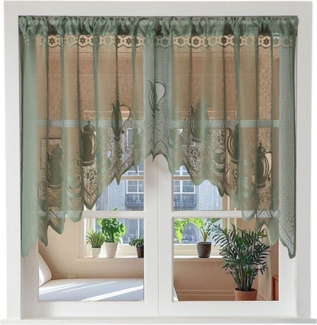Refttenw Scheibengardine Spitze Kurze Vorhänge Cafe Vorhang mit Stangentasche (1 St), Stangendurchzug, halbtransparent, Teekanne&Tasse Drucken, mit Stangentasche -Grün,150x100cm (BxH)