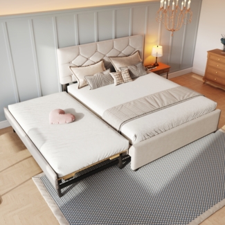 Polsterbett 140x200 cm mit ausziehbarem Rollbett, Samt Bett mit Kopfteil und Knopfdesign, Tagesbett mit Gästebettfunktion,Beige