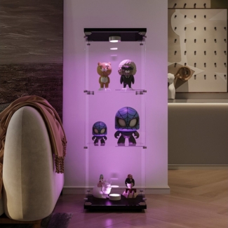 Furnishings Home Vitrine Glasvitrine stehend Standvitrine mit Glastüren, 2 bis 4 Ebenen (42 x 36 x 125 cm, 3 Fächer, Mit Sicherheitsschloss) Mit LED-Lichtleiste, perfekt für Sammler, Sammlervitrine