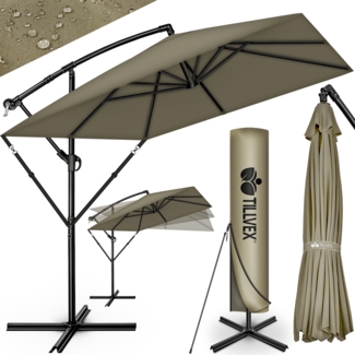 tillvex® Alu Sonnenschirm Rechteckig Ø 330 cm Braun + Abdeckung mit Kurbel | Ampelschirm Eckig mit Ständer & Windschutz | Gartenschirm UV-Schutz Aluminium | Kurbelschirm Marktschirm wasserdicht 360° drehbar