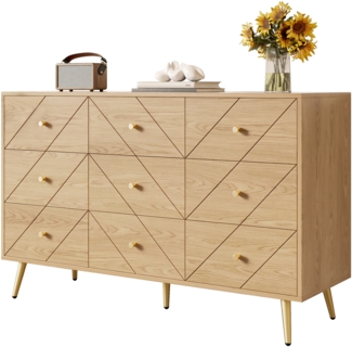 Kommode, Moderne 9-Schubladen Kommode mit Eisenbeinen PB-Konstruktion geometrische Muster Knöpfe, Holz+Metall, Weiß