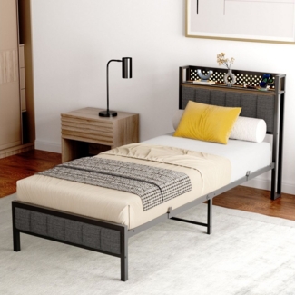 HAUSS SPOLE Polsterbett Metallbett Bettgestell Jugendbett mit USB-Port, LED--Licht,90×200cm