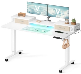 Vasagle Höhenverstellbarer Schreibtisch elektrisch, 60x140 x (72-120) cm, stufenlos verstellbar, mit Monitorständer, Haken, Memory-Funktion, wolkenweiß