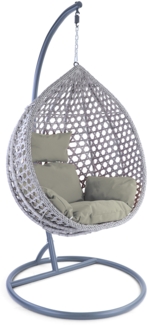 Luxus Hängesessel Style XL Polyrattan mit Korb grau Gestell grau Kissen hellgrau