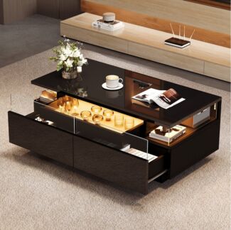 REDOM Couchtisch mit Rückprallschalter (Beistelltisch, Kaffeetisch, 1-St, 2 Schubladen), Hochglanz, mit LED-Licht