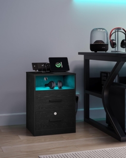 Nachttisch mit Ladefunktion, Beistelltisch mit LED-Beleuchtung, Nachtschrank mit 1 Offenes Fach und 2 Schubladen, mit Schloss, für Schlafzimmer, Wohnzimmer, Schwarz