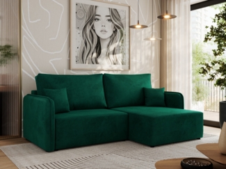 L-förmiges Ecksofa mit Armlehnen, für das Wohnzimmer, Schlaffunktion und Bettkästen, Wellenfeder am Sitz, losen Kissen - MESTO - Dunkelgrün Velours - rechte Seite