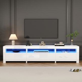 Merax Weißer 195cm Hochglanz-TV-Schrank mit LED-Beleuchtung und Stauraum, weißes niedriges Paneel, bietet Platz für 80-Zoll-Fernseher, TV-Unterschrank mit herunterklappbarer Schranktür