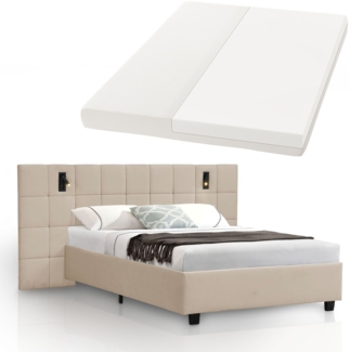 Juskys Polsterbett 140x200 cm Luzano - Bett mit LED, Matratze, Lattenrost & Kopfteil - Modernes Bettgestell aus Holz & Samt - Doppelbett - Beige