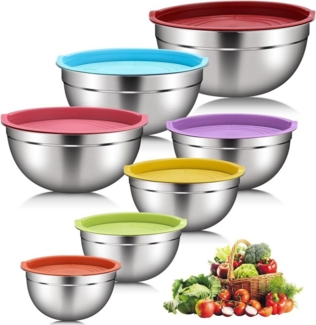 SinLaw Schüssel 7 Edelstahlschalen mit farbigen Deckeln, Salatschüssel, Rührschüssel, (Stapelbar, um Speicherplatz zu reduzieren), Geeignet zum Kochen auf einer Vielzahl von Kochfeldern