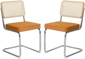 LVHOM Freischwinger 2er Set Esszimmerstuhl, Retro Küchenstuhl mit Chromgestell & Rattan-Rückenlehne, gepolsterter Samtsitz, stapelbar, moderne Wohnzimmerstuhl, Orange